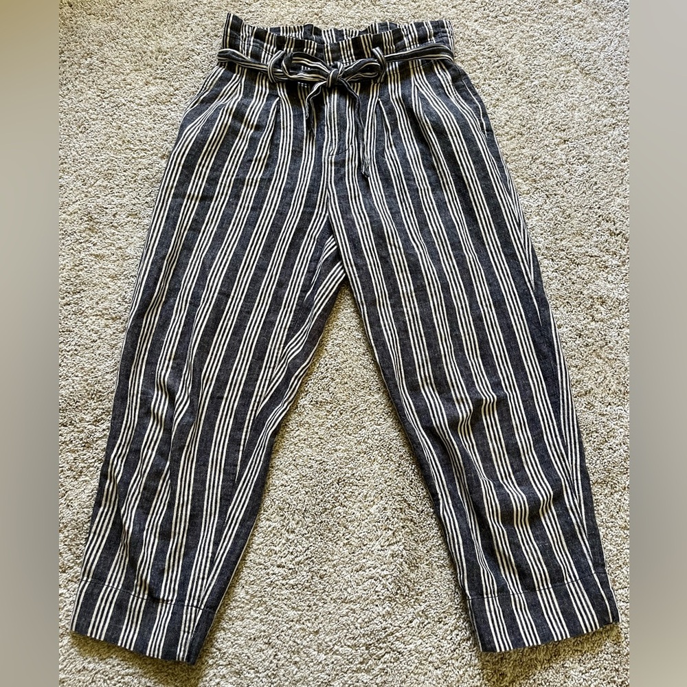 Madewell Women’s Linen Blend Paperbag Casual Pants Size 6 Striped Navy Pockets